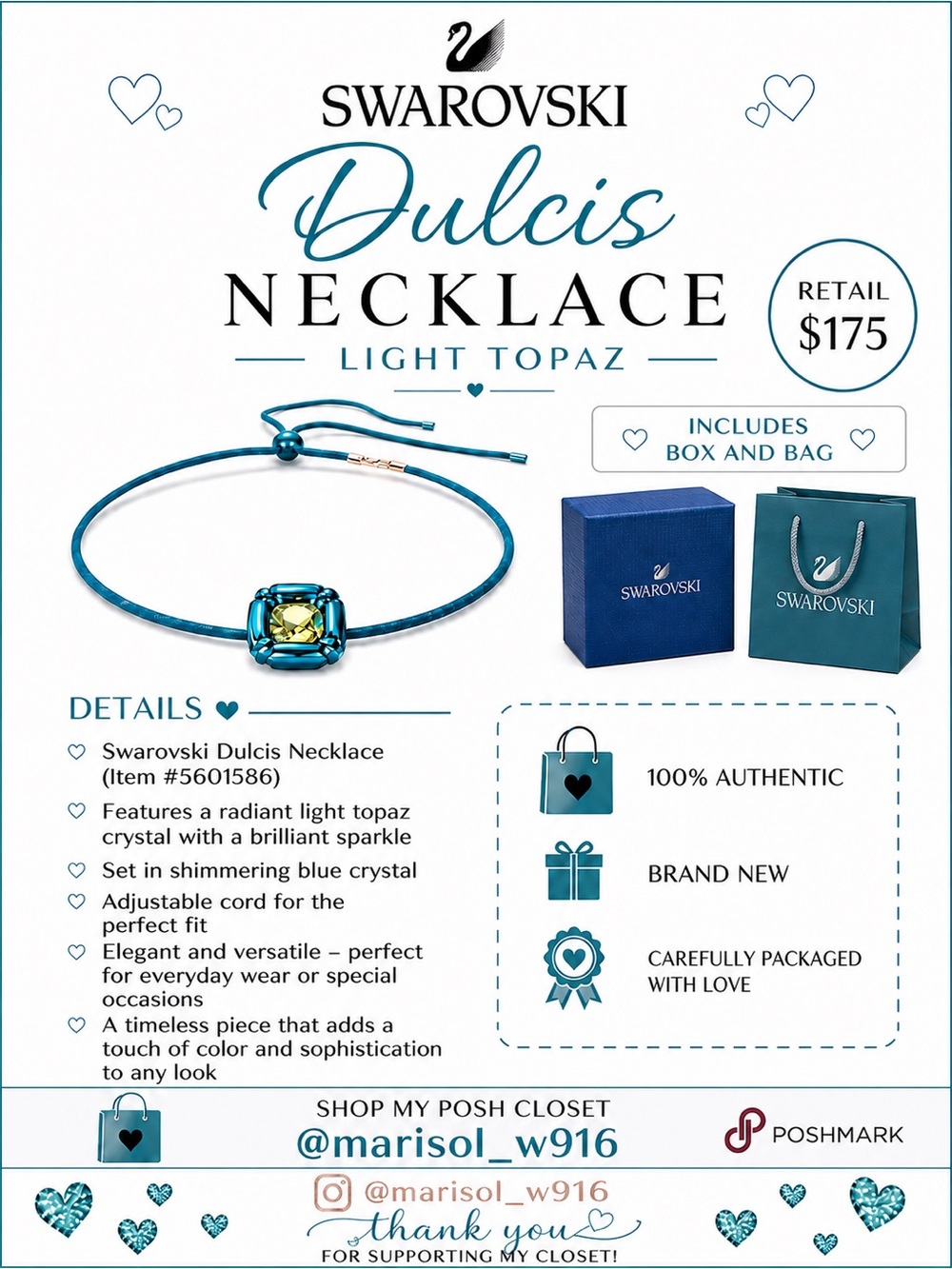 Swarovski Dulcis Necklace - Blue Cord with Light Topaz Crystal